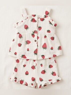 Rabbit + Bear Organic Muslin Cotton Strawberry 2-Piece Ruffle Set size 7